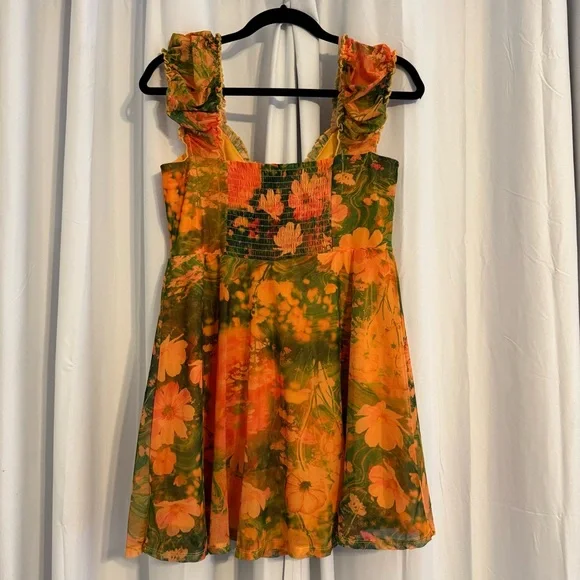 Urban Outfitters Audrey Mesh Floral Mini Dress Ruched Straps Size Large - Picture 3 of 10